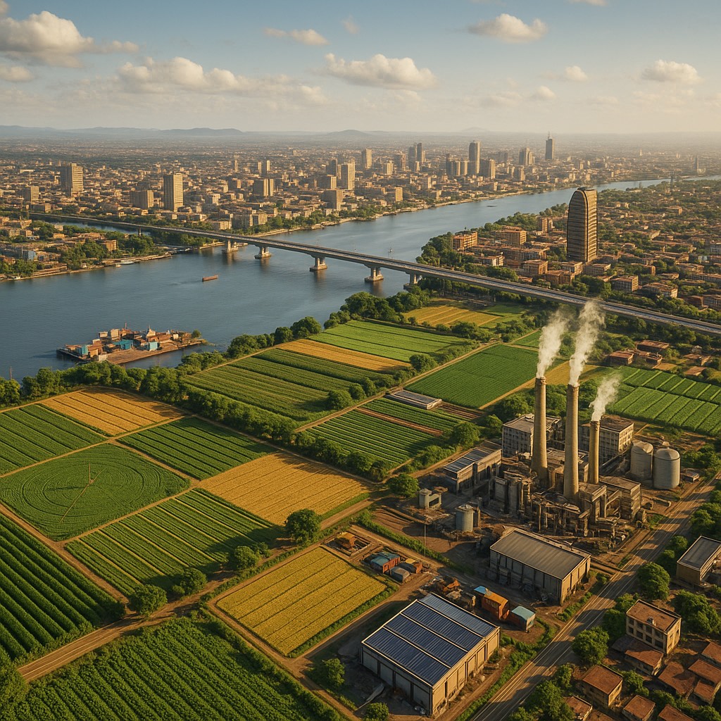 Thriving African city with river, farms and factories