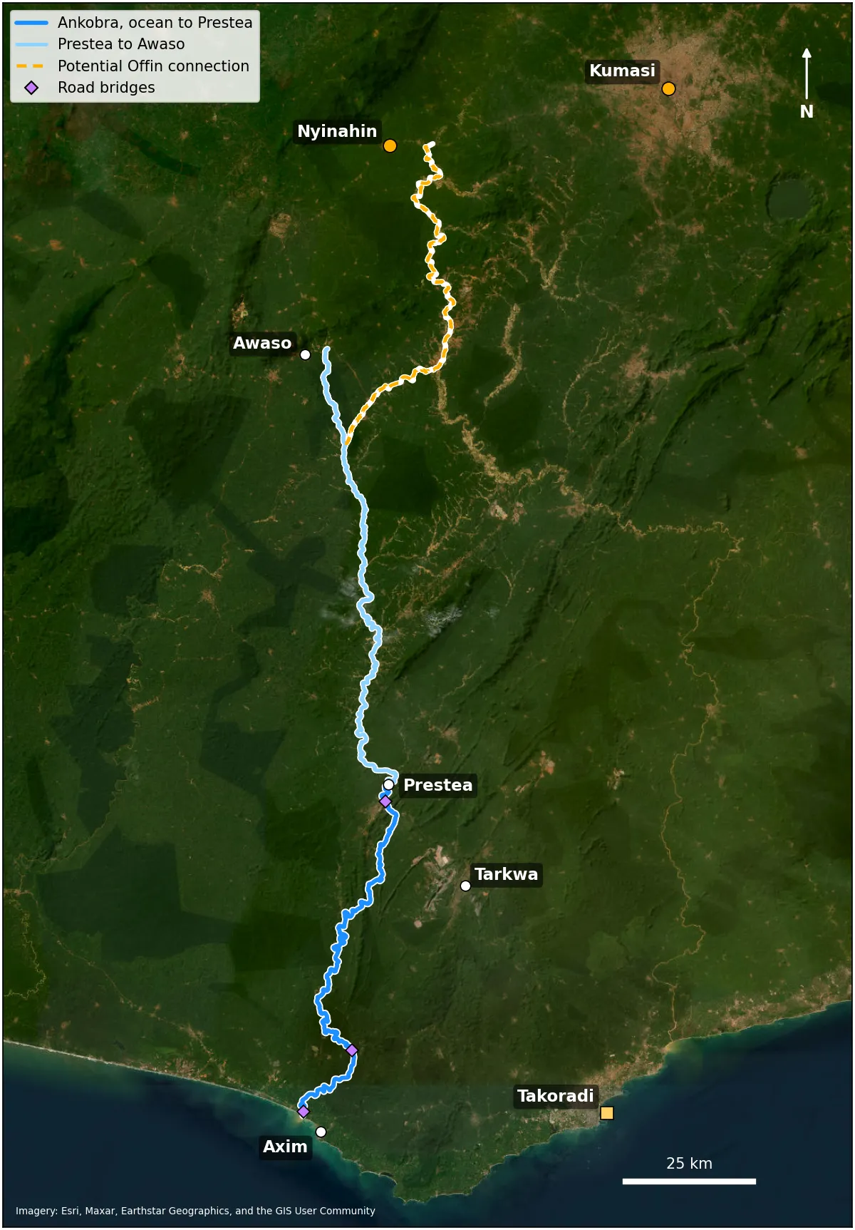Satellite map of the Ankobra River from the sea at Axim to Awaso, with a dashed potential connection to the Offin River toward Nyinahin and Kumasi.