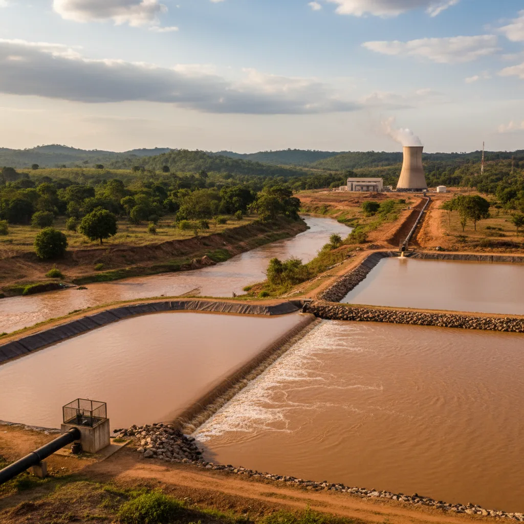 Clay-laden river water flowing into settling channels ahead of the treatment plant
