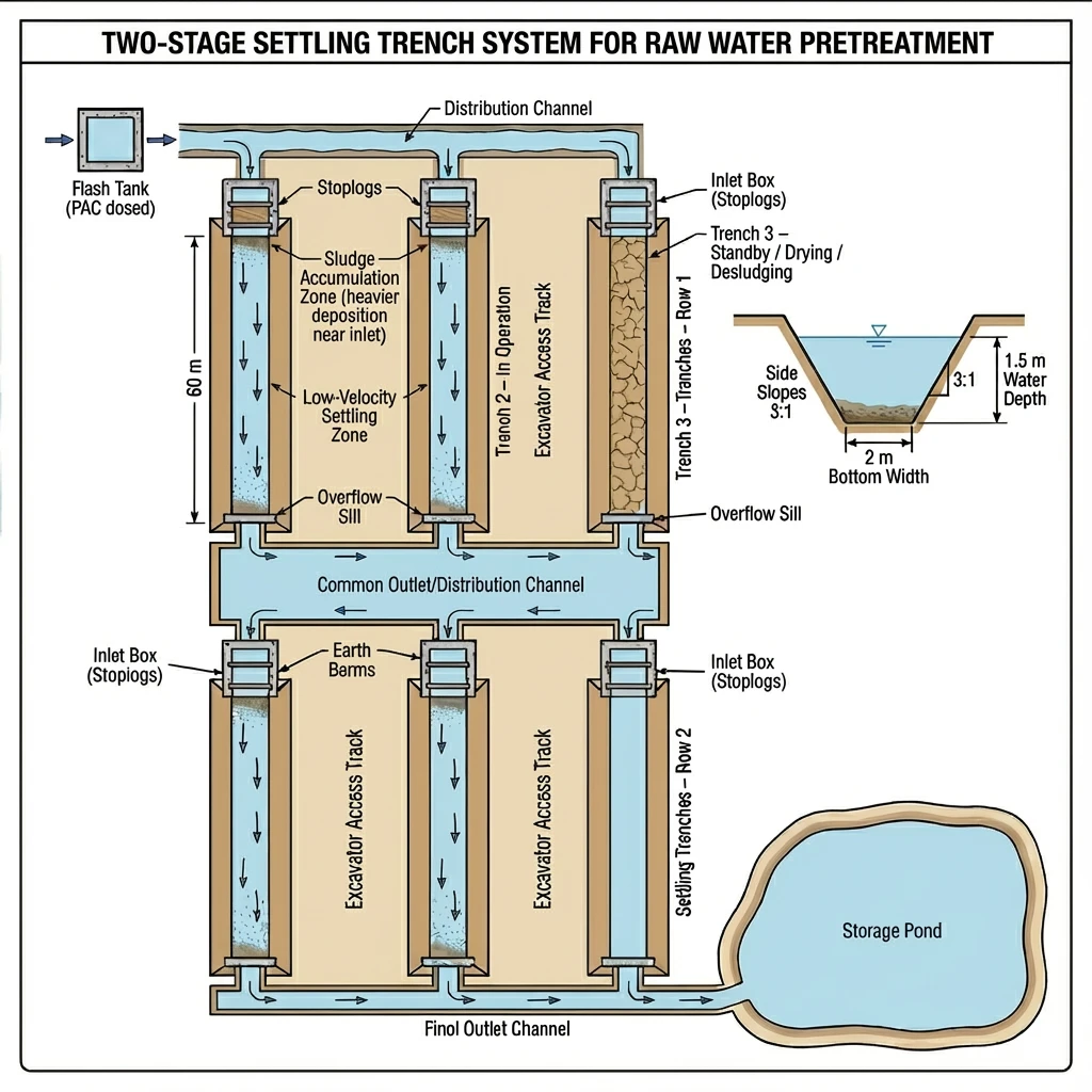 Two-stage settling trench system for raw water pre-treatment