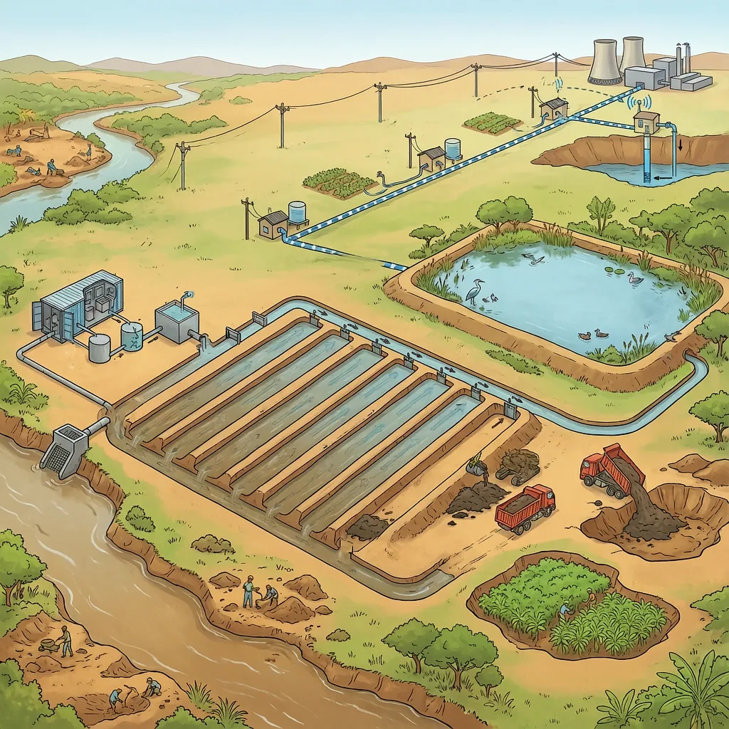 Clay-laden river water flowing into settling channels ahead of a treatment plant